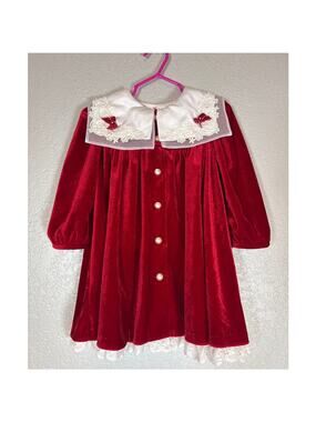 Vintage 80s Red Velvet Dress Toddler Girls 2T Sailor Collar Long Sleeve Lace Hem